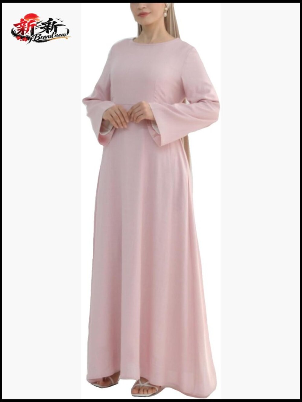 Linen Blend Maxi Dress with Pockets A-Line Modest Long Sleeve